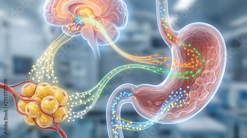 Stomach fat cell brain pathway biology concept with glowing neural signal connection in medical laboratory background showing digestive organ communication and science idea