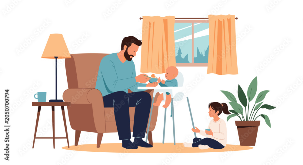 Fototapeta premium Caring father feeds his baby in a high chair while his young daughter plays happily on the floor in their warm and cozy home.