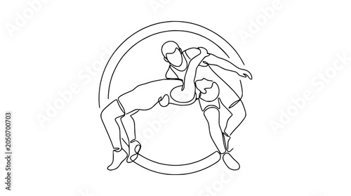 Foto Continuous line drawing of two wrestlers in action within a circle, graphic illu