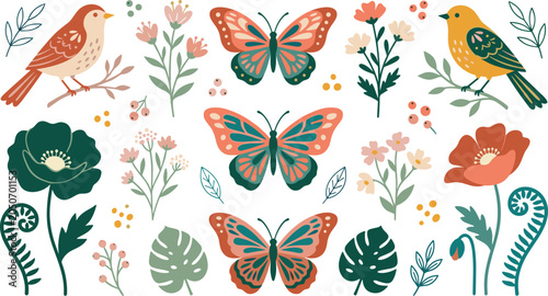 Bild auf Leinwand Whimsical Birds, Butterflies, and Floral Garden Collection with Botanical Elemen