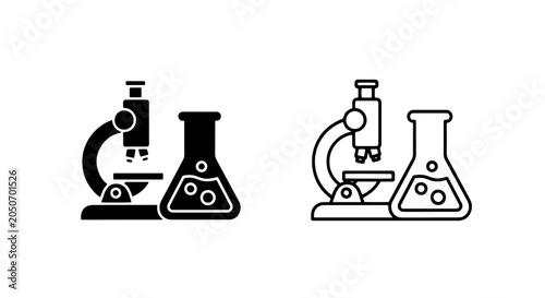 Принти на полотні Microscope and chemistry flask icon set in solid and outline style for scientifi
