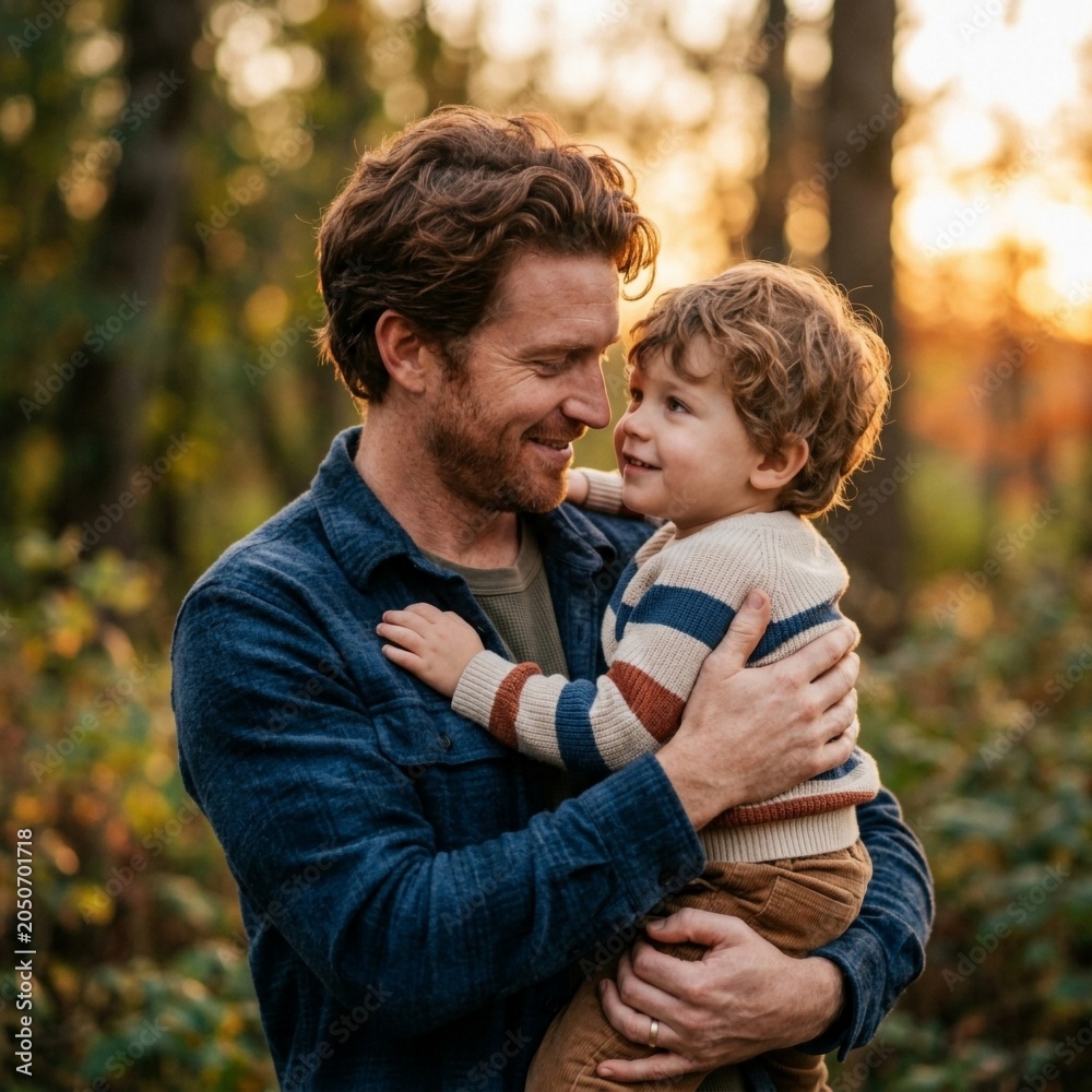 Fototapeta premium Man holding and kissing little boy in forest at sunset
