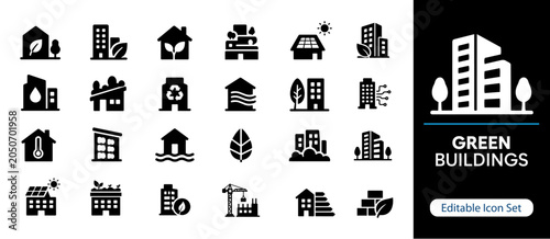 Cuadro en lienzo Green Buildings Solid Icon Set, Sustainable Architecture and Eco Construction Ic