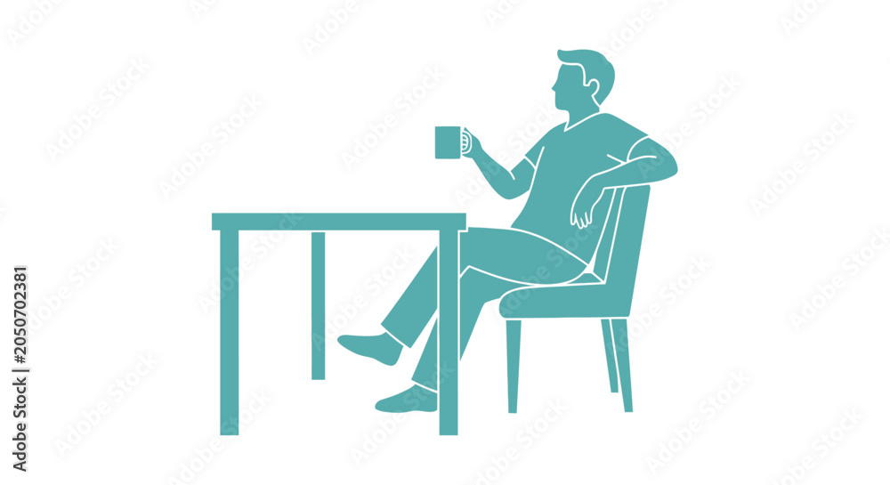 Fototapeta premium Man sitting at a table holding a mug flat illustration