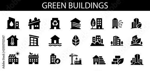 Schilderij op canvas Green Buildings Solid Icon Set, Sustainable Architecture and Eco Construction Ic