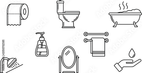 Schilderij op canvas Bathroom and personal hygiene thin line icon set featuring toilet paper roll com