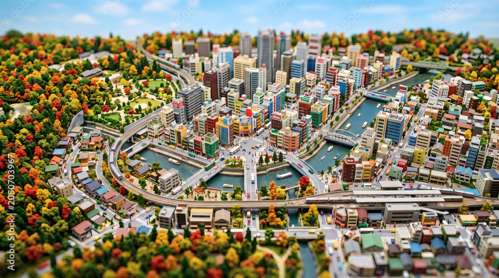 Fototapeta premium Vibrant diorama of a modern city landscape in autumn