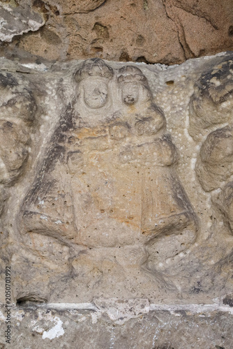 Carved stone virgin in St Nicholas of Bari church in the old town of Aviles city, Asturias