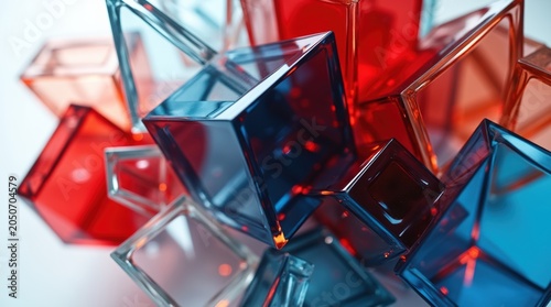 Abstract composition of colorful translucent plastic squares and geometric shapes in bright light