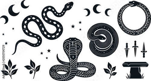 Foto Mystical Snake and Cobra Symbol Collection with Crescent Moons, Ouroboros, Dagge
