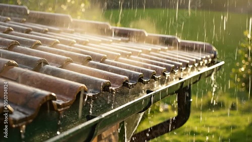 Heavy summer rain falling on tiled roof and gutter with golden hour sunlight, atmospheric weather background