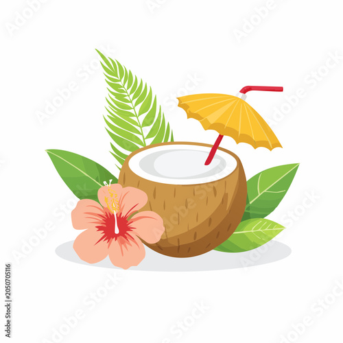Tropical coconut drink with hibiscus flower and palm leaves
