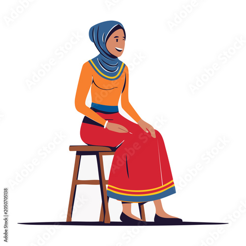 Woman in Hijab Sitting on a Stool, Flat Design Illustration