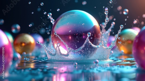 Abstract spheres with colorful water splashes and glowing reflections on a dark background surface