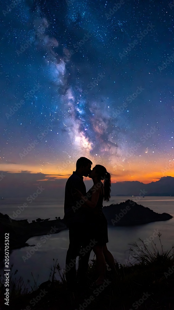 Fototapeta premium Romantic couple under starry night sky.