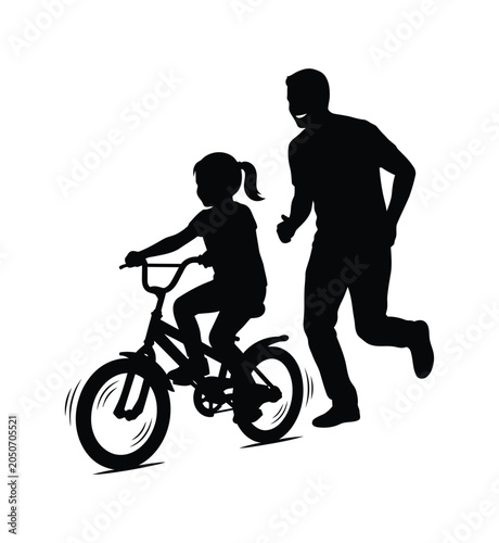 Black silhouette of a man running alongside a little girl riding a bike Vector