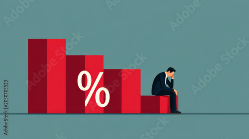 Businessman sitting on falling red percentage chart