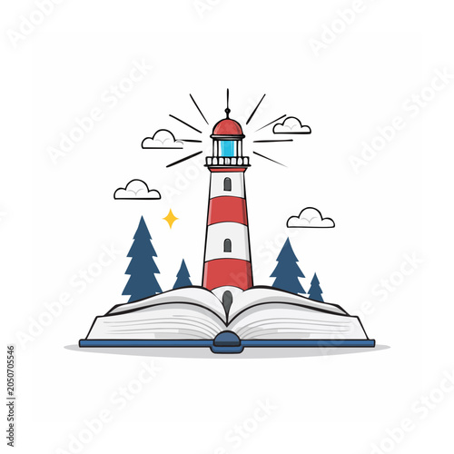Illustration of a lighthouse on an open book with trees and clouds