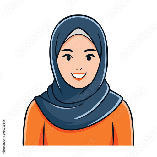 Illustration of a smiling woman wearing a blue hijab and orange shirt
