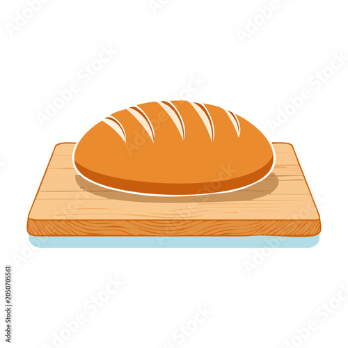 Loaf of bread on a wooden cutting board, flat design
