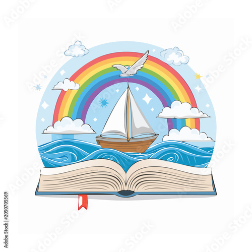 Open book with sailboat on the sea under a rainbow