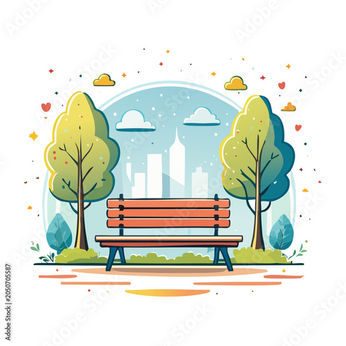 Park bench with trees and cityscape illustration