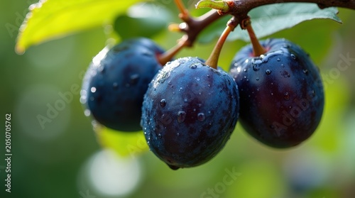 Three ripe dark blue sloe berries with water drops hanging on a tree branch in a green summer garden