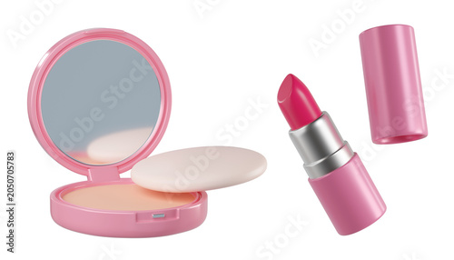 Принти на полотні 3d Cosmetic set with Pink Compact Powder, makeup sponge, and opened pink lipstick with cap