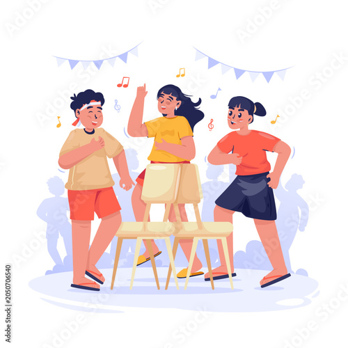 Children Playing Traditional Musical Chairs Vector Illustration