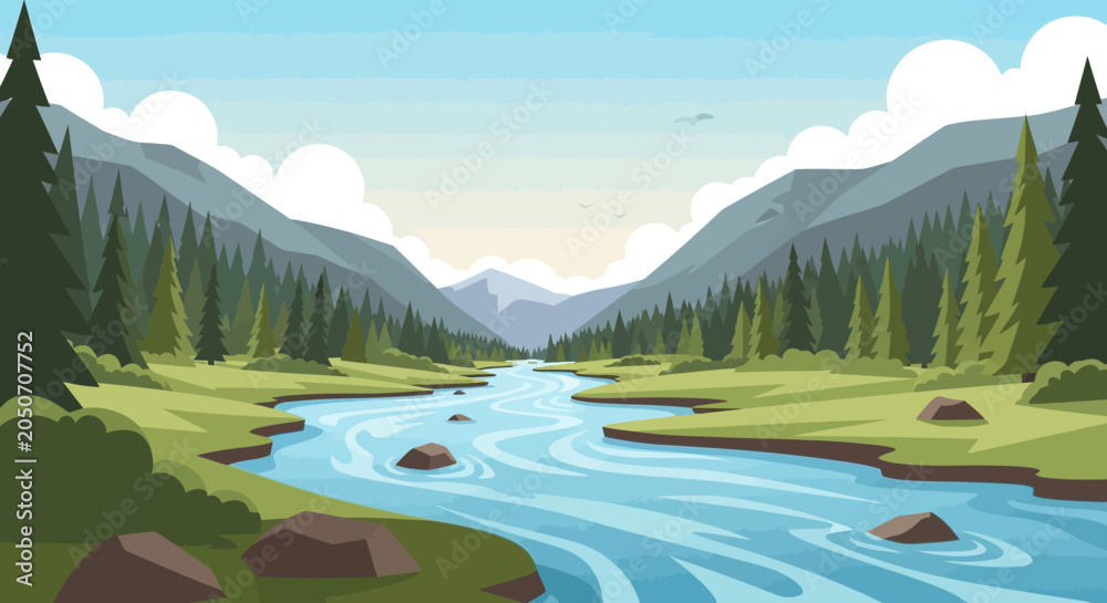 Fototapeta premium A winding blue river flowing through a lush green valley.