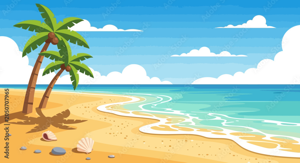 Obraz premium Two tropical palm trees standing on a sandy beach shore.