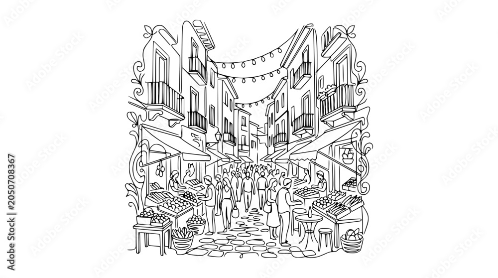 Fototapeta premium Hand-drawn illustration of a bustling European street market with people and stalls.