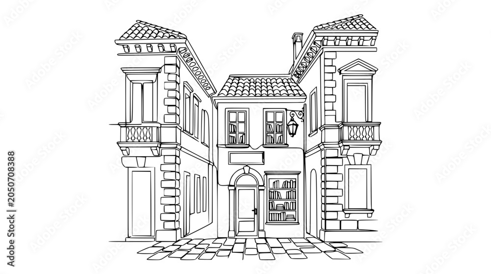 Obraz premium Charming European Alleyway with Old Buildings and Cobblestone Street - Sketch Style