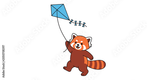 Fotografia Red panda flying a blue kite.
