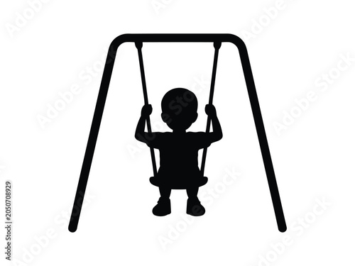 Schilderij op canvas Child on Swing Silhouette Vector. Kid Playing on Playground Swing