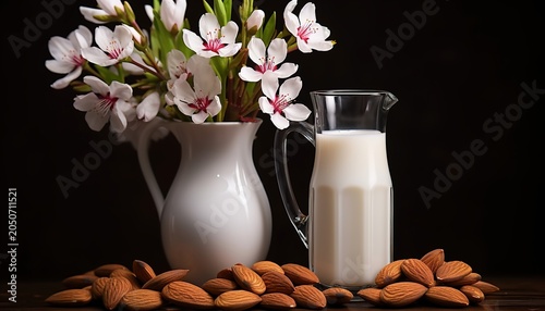 A pitcher of almond milk surrounded by almonds and white flowers