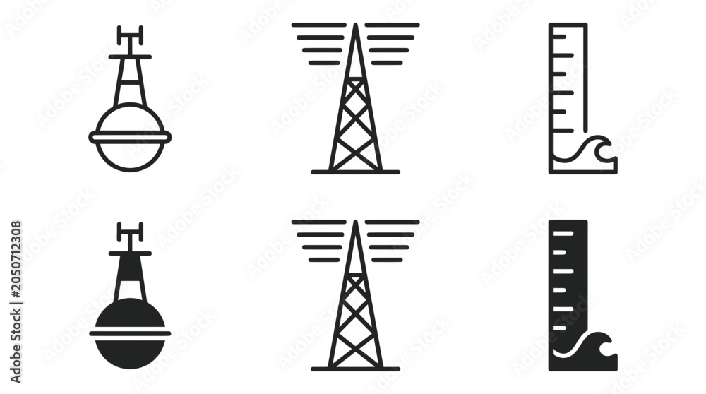 Fototapeta premium Navigation and technical survey icon set including maritime buoy transmission tower measuring scale with navigation