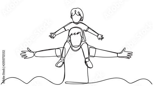 Minimalist continuous line art illustration of a happy father carrying his child on shoulders, symbolizing family joy, freedom, and parental love
