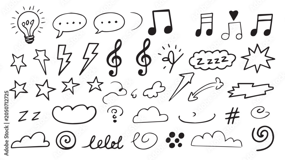 Obraz premium Dynamic collection of diverse hand-drawn doodle elements for creative design, featuring speech bubbles, musical notes, lightning, stars, and decorative swirls