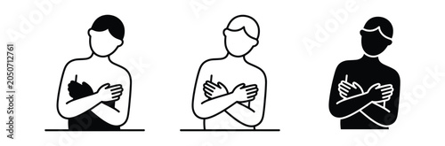 Photos Three faceless human icons in different styles with arms crossed on white backgr