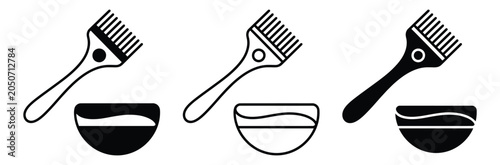 Foto Hair dye icons set with combs and color bowls for salon and beauty concepts