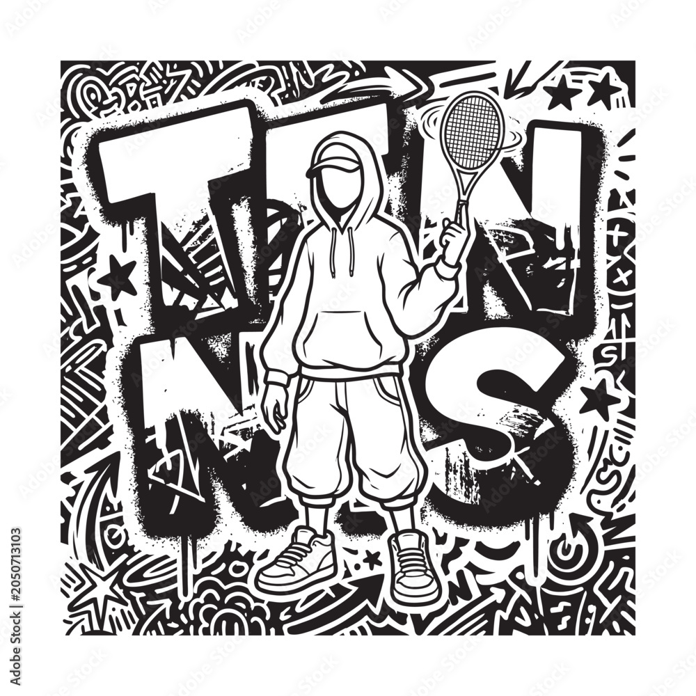 Obraz premium Black and white illustration of a person holding a tennis racket with graffiti Tennis 2026, US Open Tennis 2026, US Open Tennis, Tennis Poster Design, Wimbledon Championships