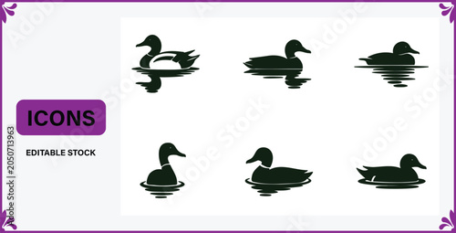 Schilderij op canvas Collection of six dark green duck silhouettes floating on water in various posit