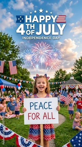 Smiling young girl holding peace for all sign on 4th of July celebration