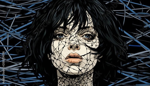 A woman with a face covered in a spider web looking concerned