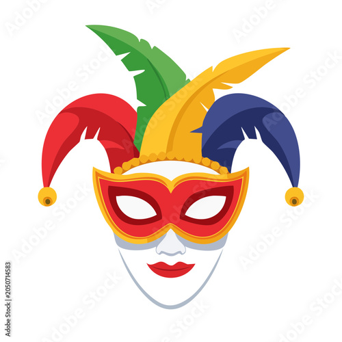 Masquerade mask with jester hat and feathers