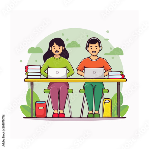 Two people working on laptops at a desk with books