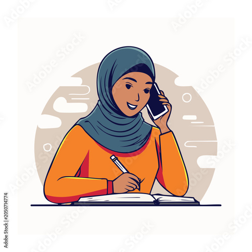 Woman in hijab talking on phone and writing in notebook