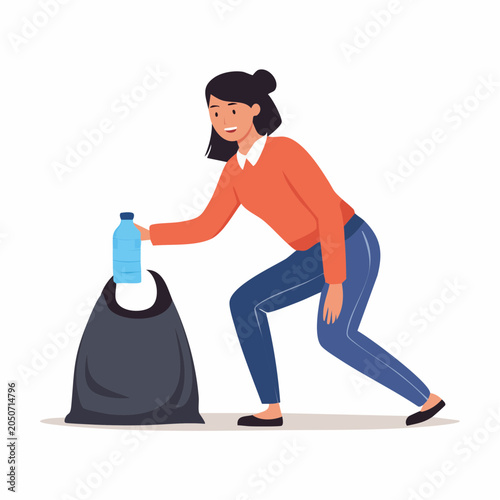 Woman recycling a plastic bottle into a trash bag