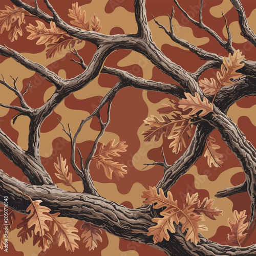 Seamless autumn oak leaf camouflage vector pattern with bare branches and rustic brown foliage for hunting gear.